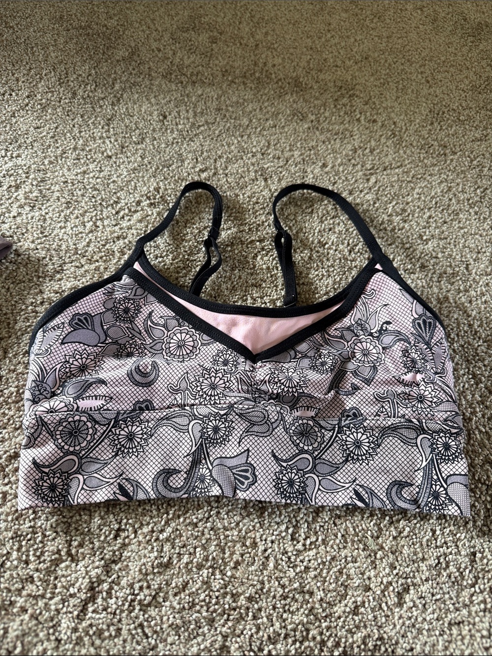 Lorna Jane Pink Floral Lace-Print Sports Bra with Black Trim